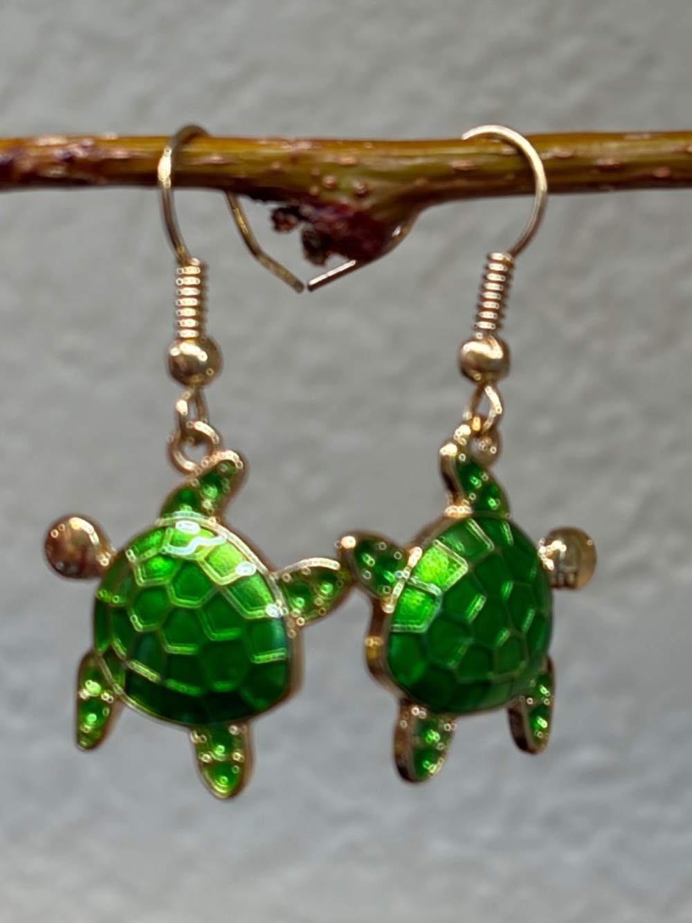 Sea Turtle - Green Enamel and Goldtone - Pierced Dangle Earrings